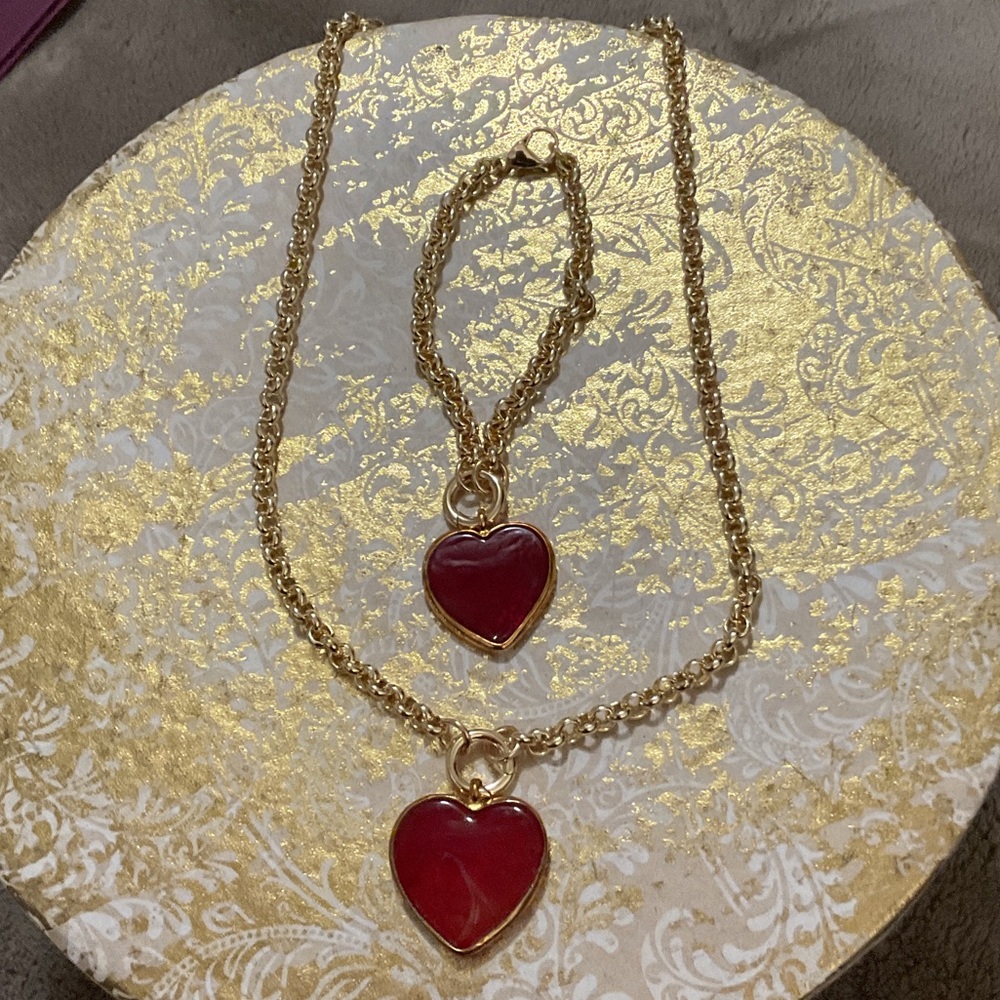 Gold and Red Heart Pendant Necklace and Bracelet Set